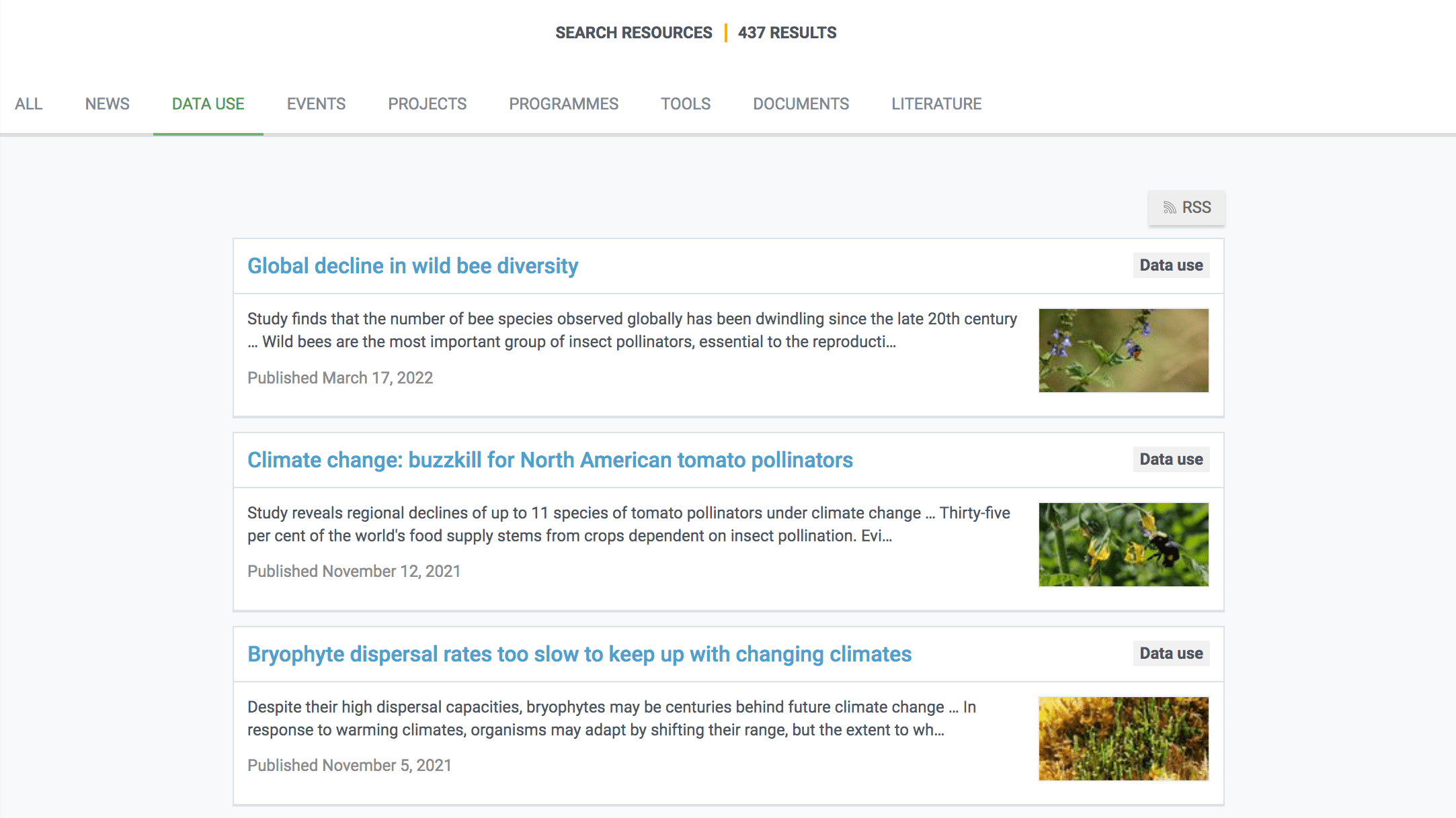 Image showing the Data use tab in the Resources section of GBIF. The articles shown on the page are titled &ldquo;Global decline in wild bee diversity,&rdquo; &ldquo;Climate change: buzzkill for North American tomato pollinators,&rdquo; and &ldquo;Bryophyte dispersal rates too slow to keep up with changing climates&rdquo;.