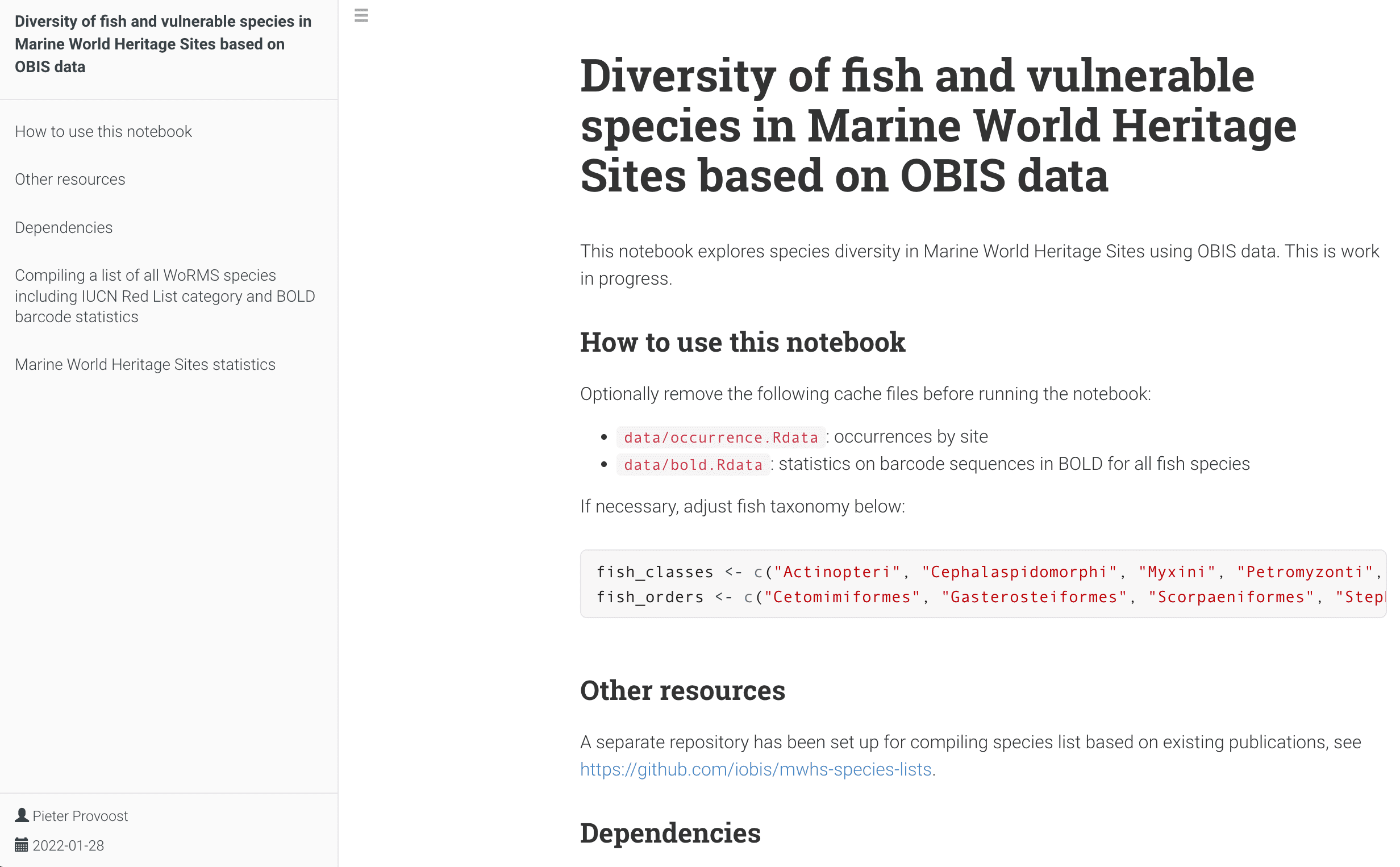 Image of an example analysis done with OBIS data. The document is titled &ldquo;Diversity of fish and vulnerable species in Marine World Heritage Sites based on OBIS data.