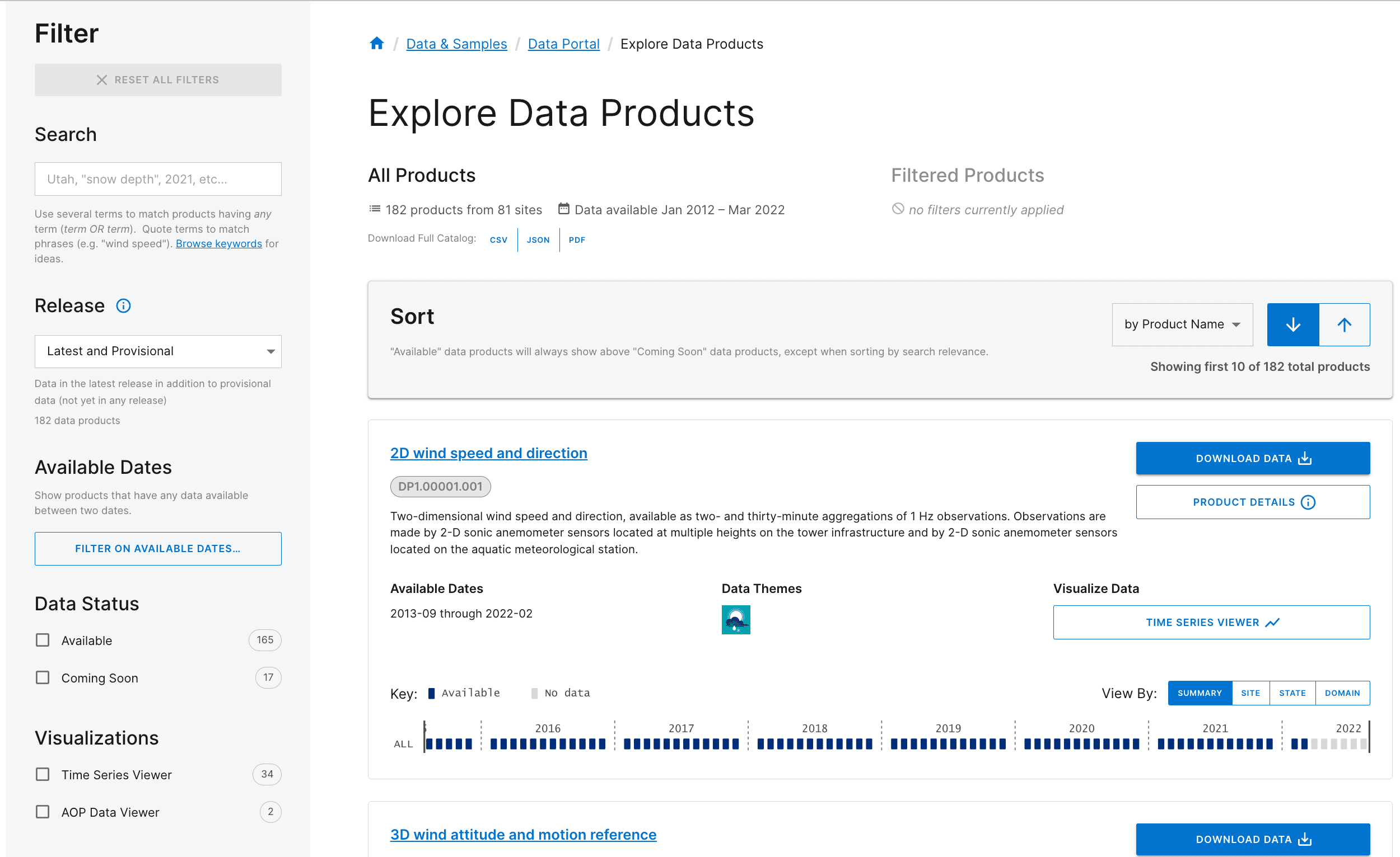 Image of the &ldquo;Explore data products&rdquo; page. The left panel allows you to filter your search by several different data set attributes. The first data set listed is called &ldquo;2D wind speed and direction&rdquo;.