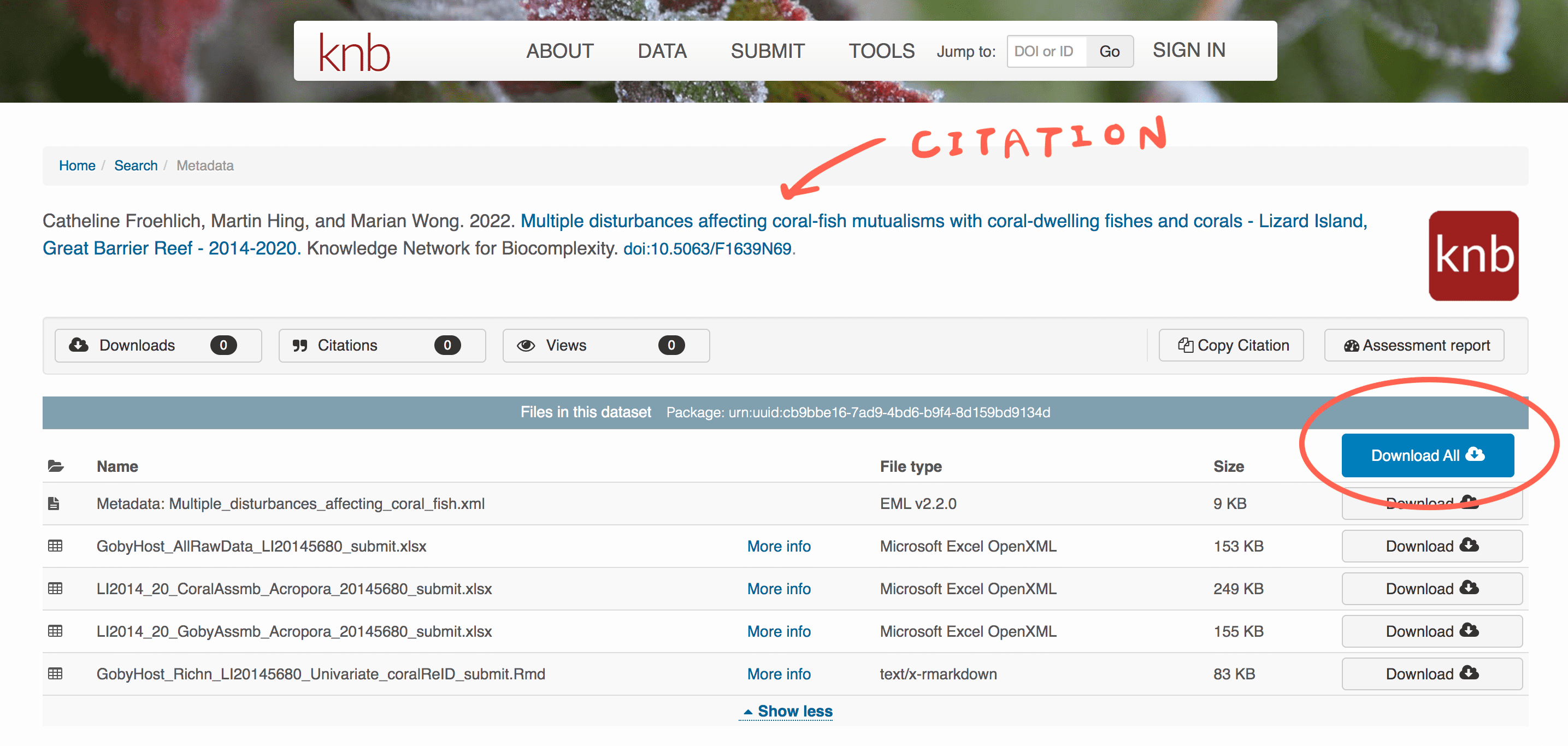 Image showing dataset page. The heading is a citation for the data set. The page includes download links for individual files. You can also click the &ldquo;download all&rdquo; button to download all files associated with the data package.