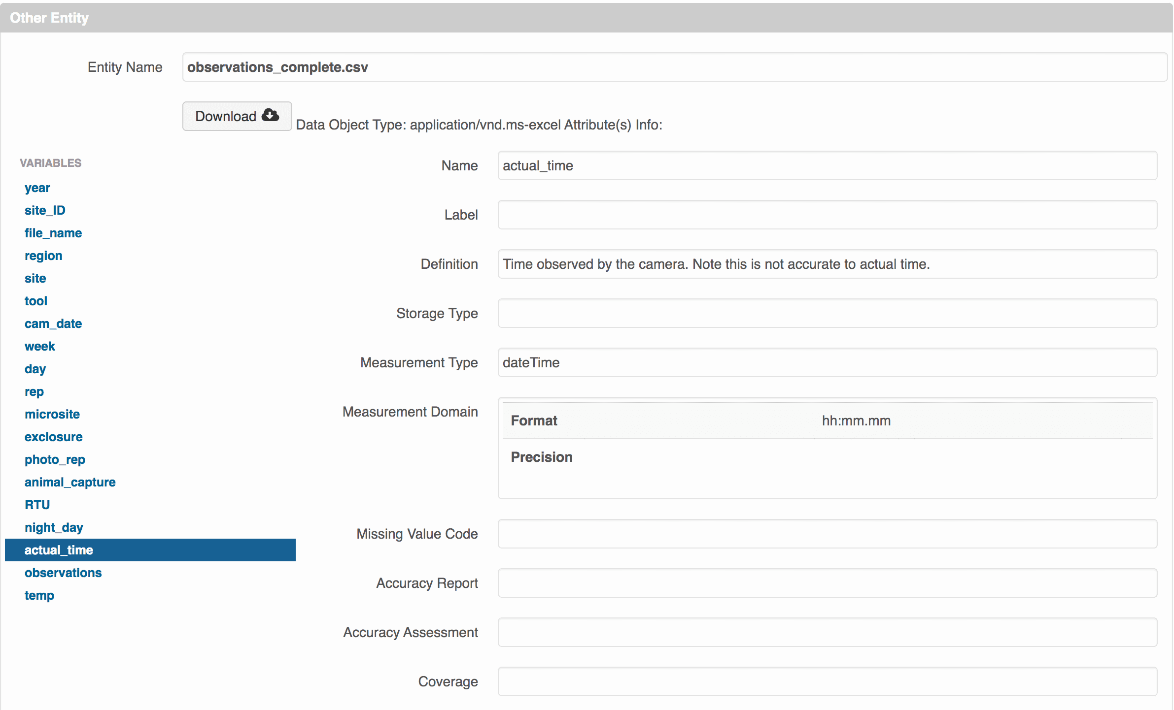 Image of metadata for the file called &ldquo;observations complete&rdquo;. There is a list of variables on the left side. The screen shows the description for the variable &ldquo;actual_time&rdquo;, which is described as the &ldquo;Time observed by the camera. Note this is not accurate to actual time&rdquo;. The metadata also shows the measurement type as &ldquo;dateTime&rdquo;, and tells us how the data is formatted in the .csv file.