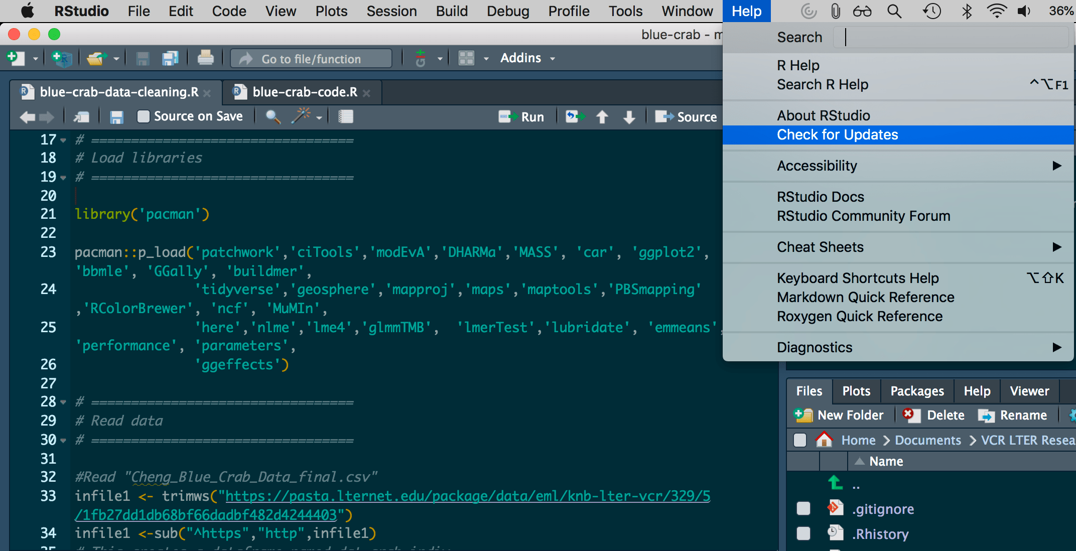 Image showing a cursor mousing over &ldquo;Help&rdquo; on the top menu bar and &ldquo;Check for Updates&rdquo;