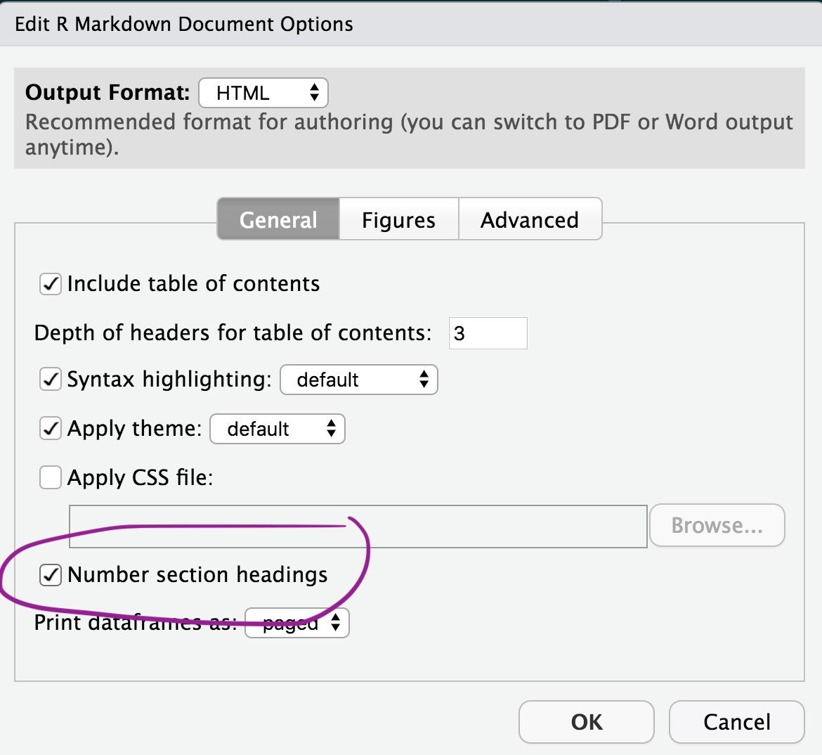 Image showing the &ldquo;Number section headings&rdquo; option selected and circled