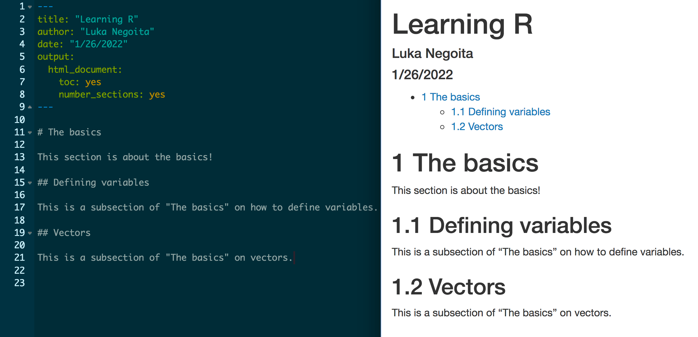 Image of table of contents with sections and subsections. The umbrella section is called &ldquo;The basics&rdquo;, and there are two subsections, called &ldquo;Defining variables&rdquo; and &ldquo;Vectors&rdquo;
