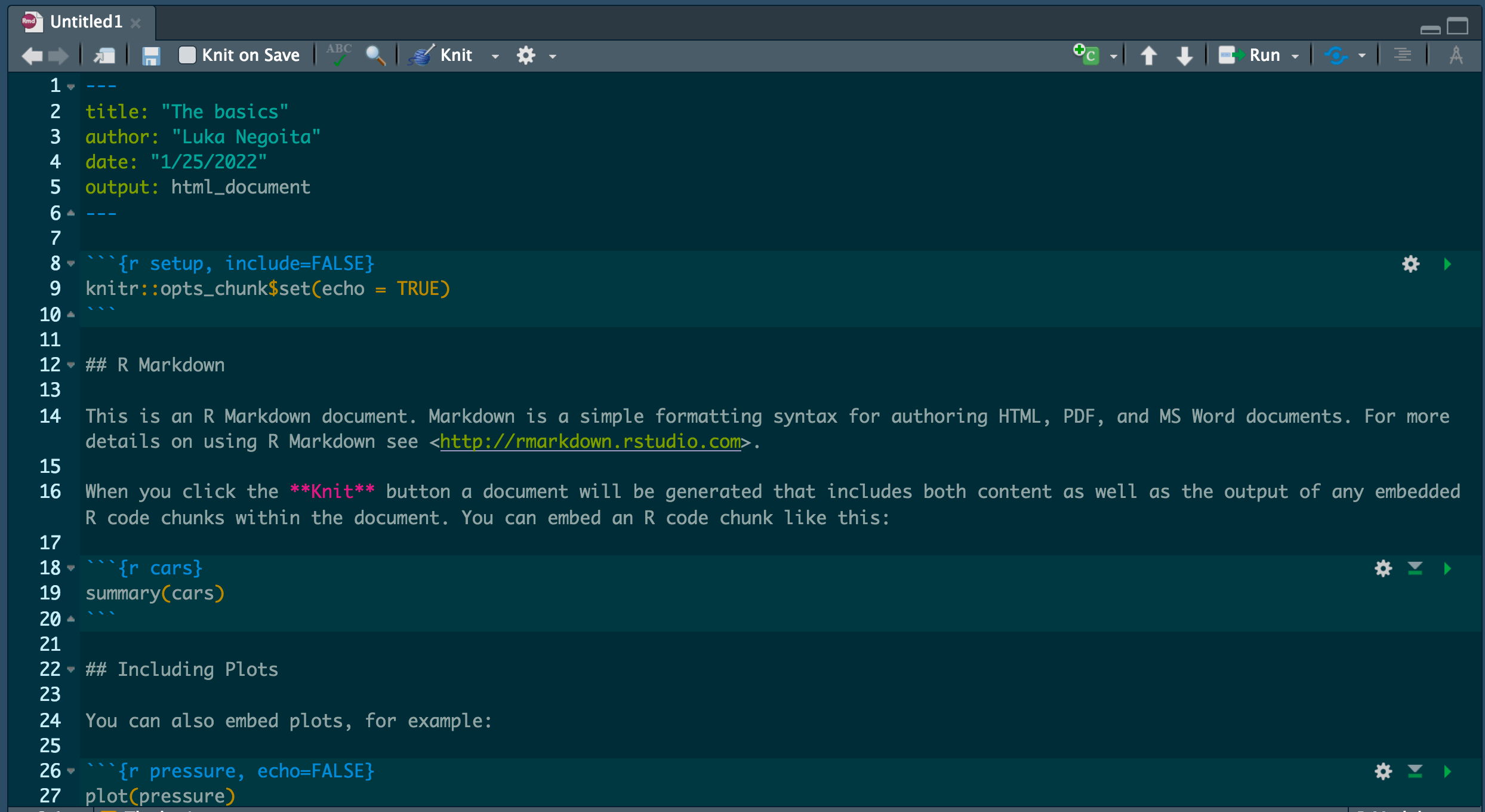 Image showing new R Markdown document titled &ldquo;The basics&rdquo;