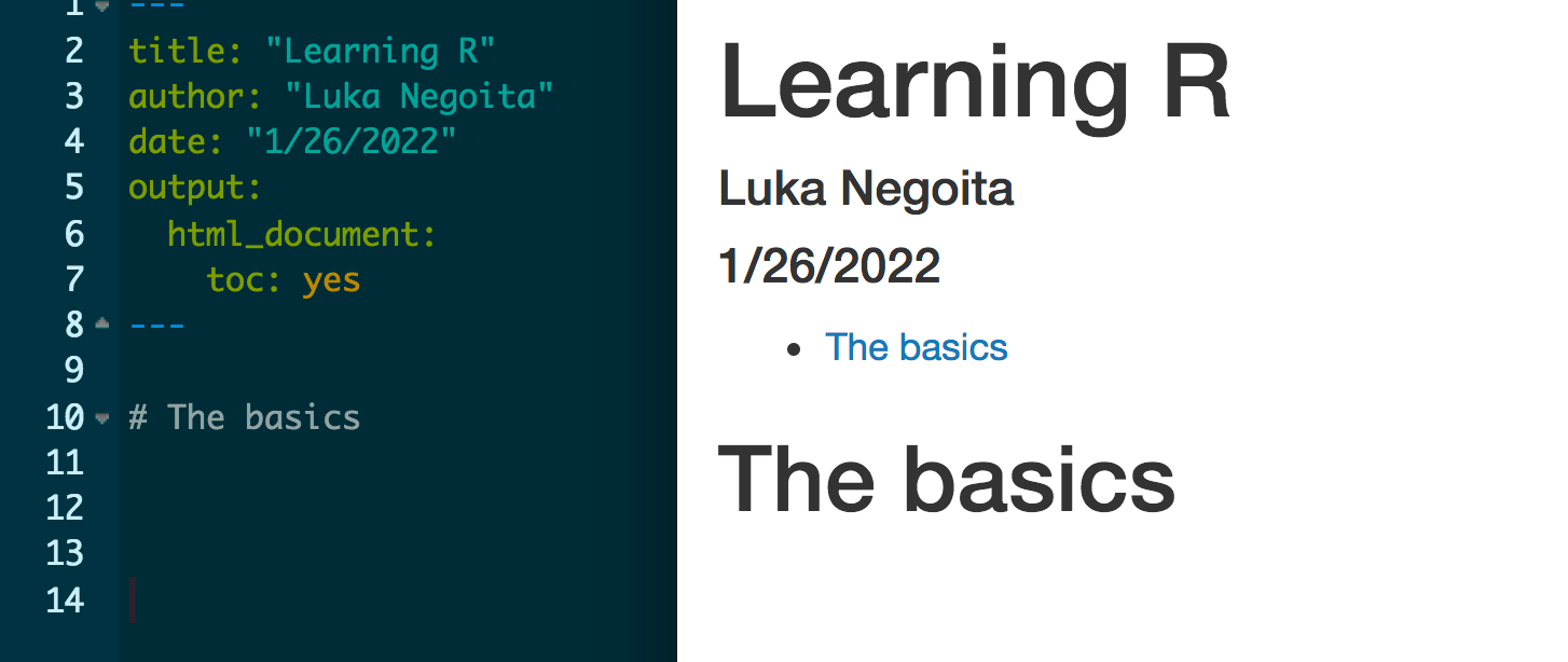 Image showing a side by side comparison of the R Markdown code with the knitted R Markdown document. The knitted document has a table of contents at the top with a hyperlink that takes you to the section called &ldquo;The basics&rdquo;