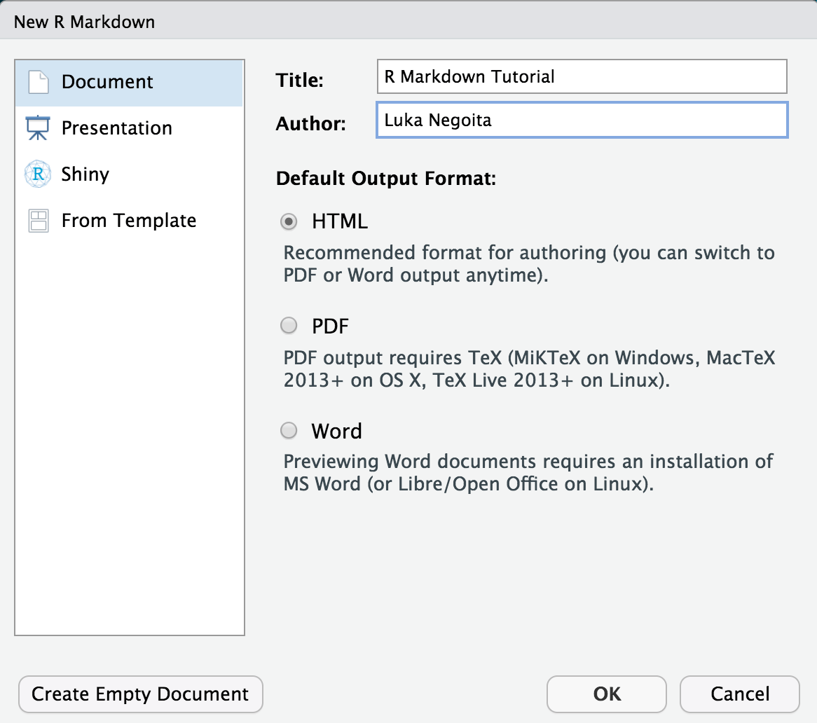 Image showing window where the title is &ldquo;R Markdown Tutorial&rdquo;, the author is &ldquo;Luka Negoita&rdquo;, and HTML is selected as the output