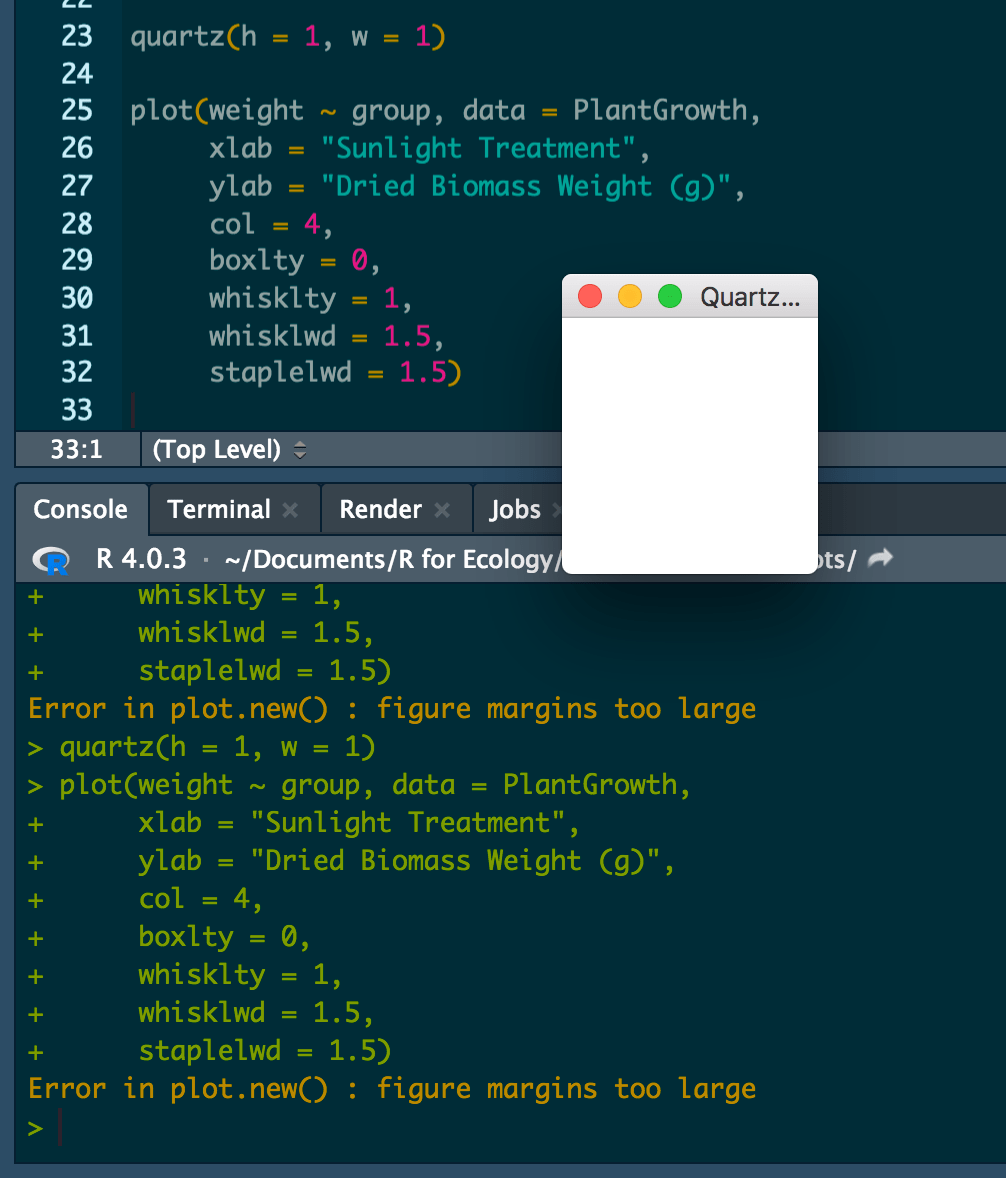 Image showing a tiny blank quartz window and an error that says &ldquo;figure margins too large&rdquo;
