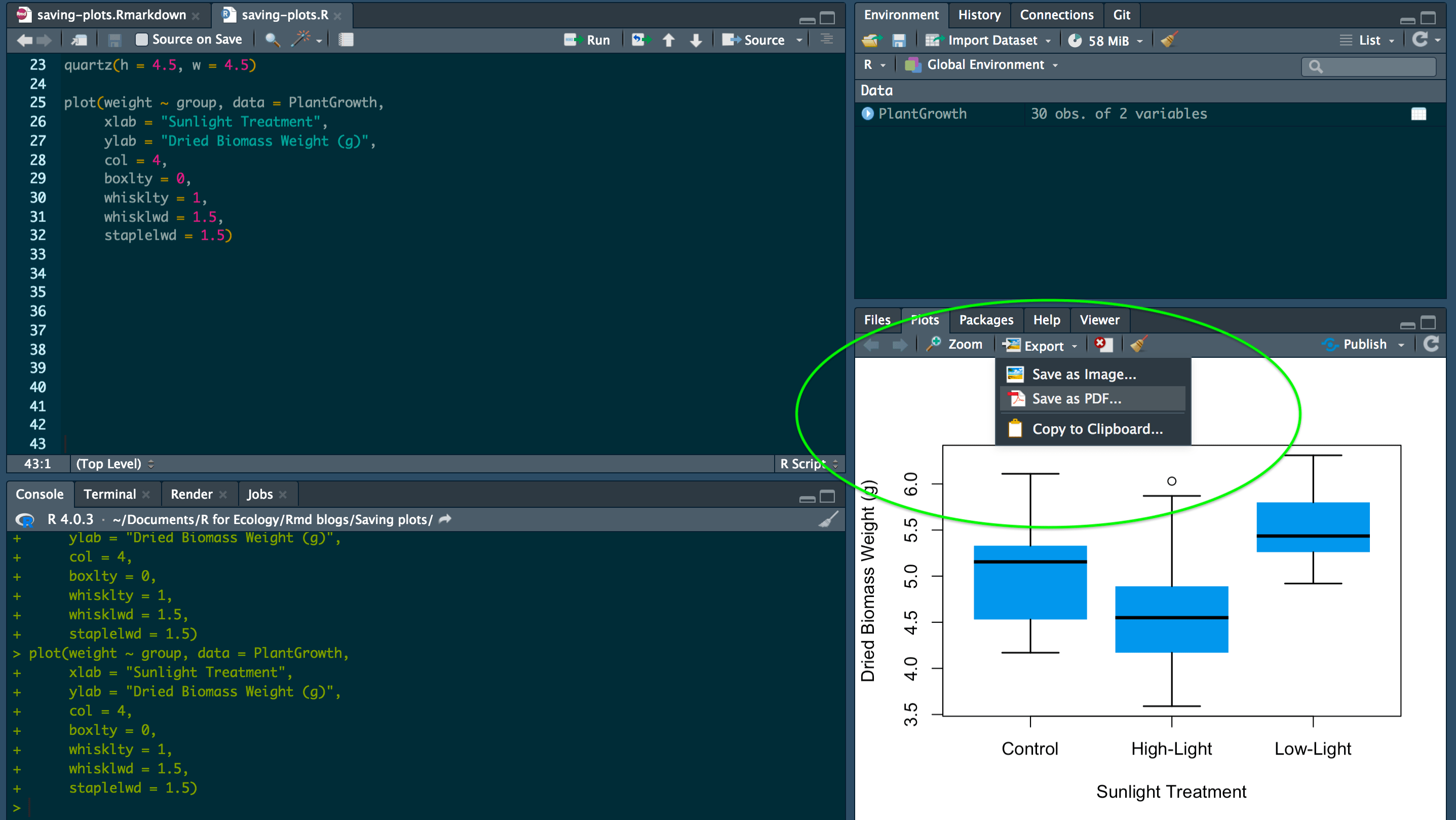 Image with green circle around the cursor, hovering over &ldquo;Export&rdquo; and &ldquo;Save as PDF&rdquo;
