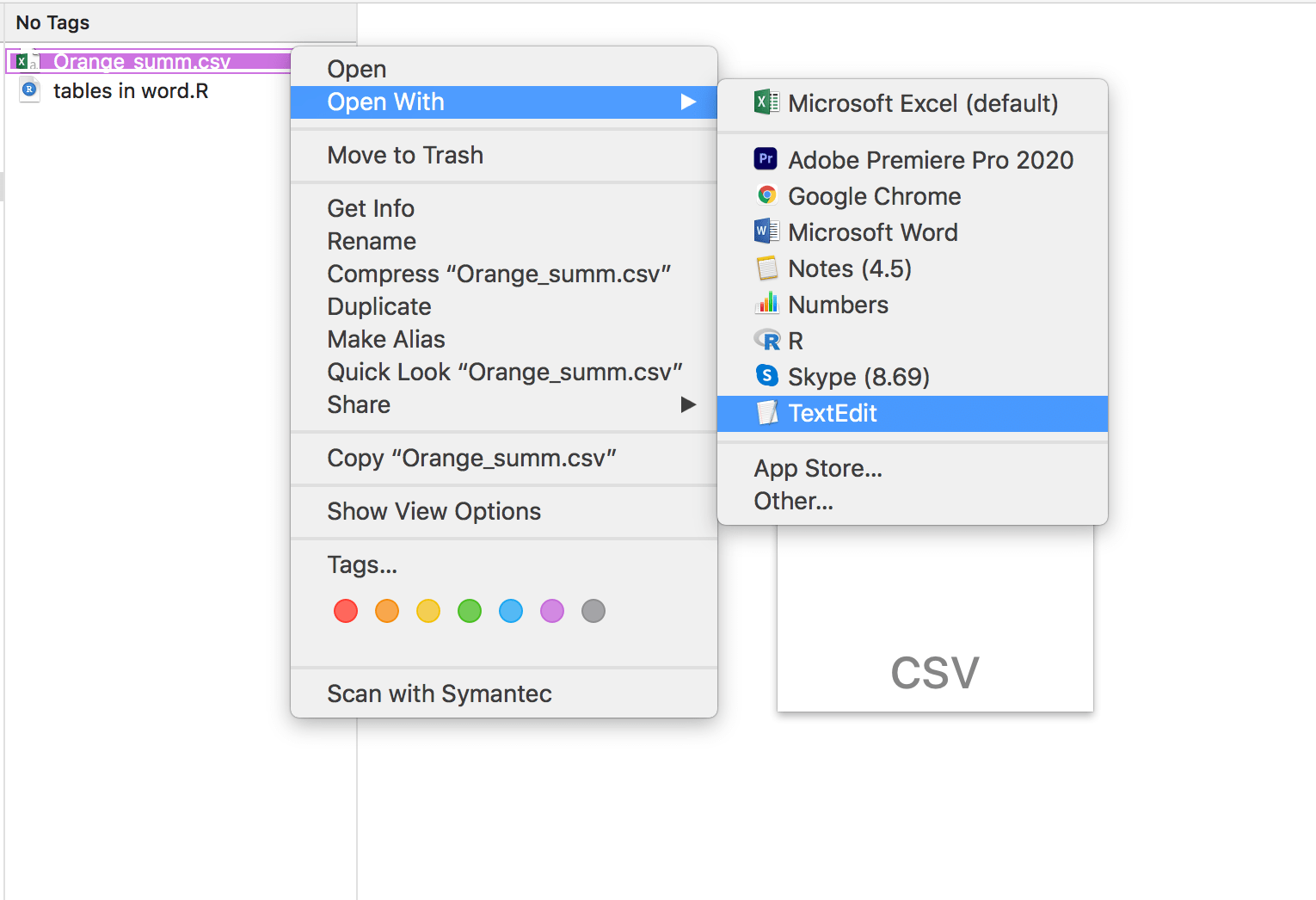 a screenshot from the Mac OS Finder application showing how to use &ldquo;open with&rdquo; for opening the csv file in a text editor
