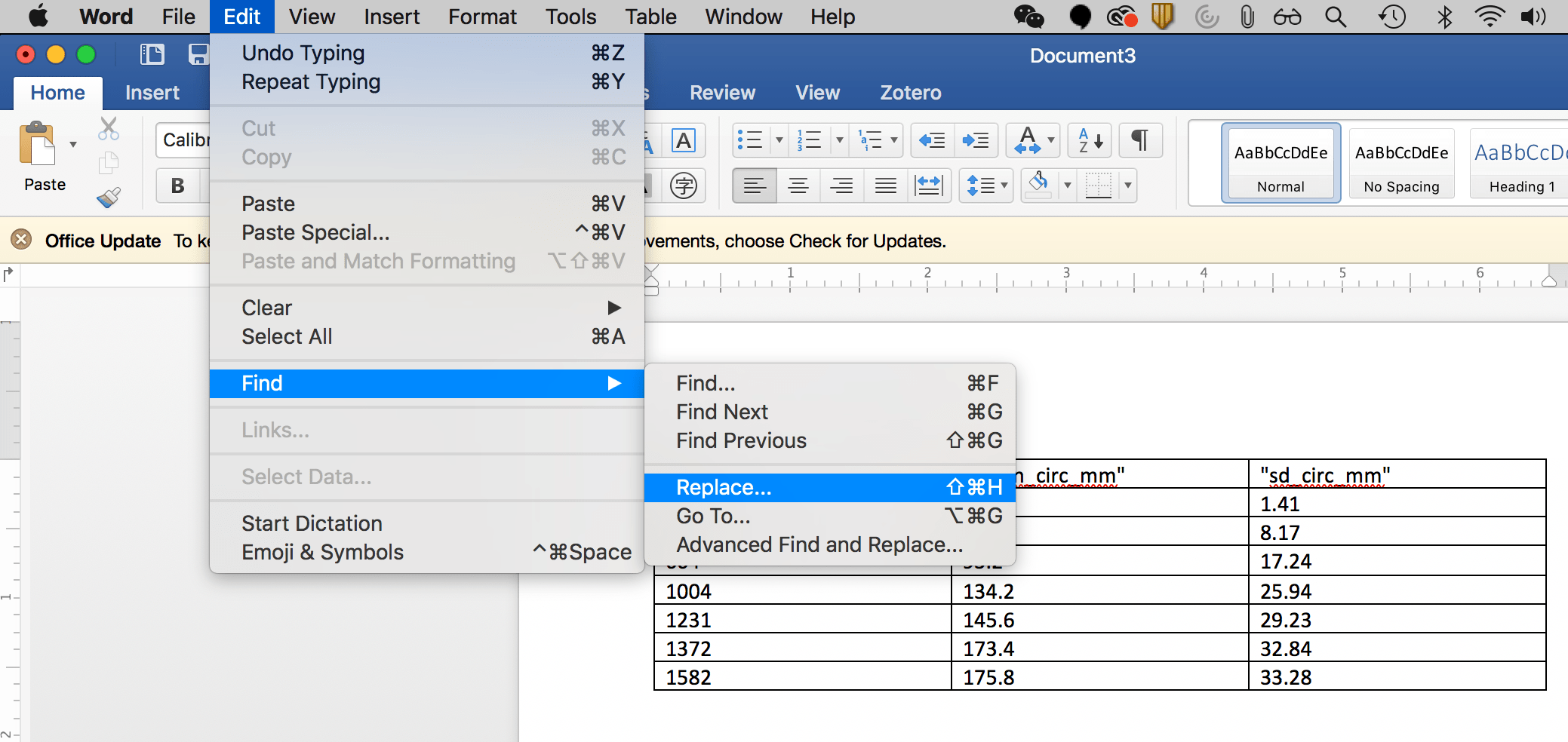 screenshot from MS Word showing how to find &ldquo;find and replace&rdquo; for cleaning up the table